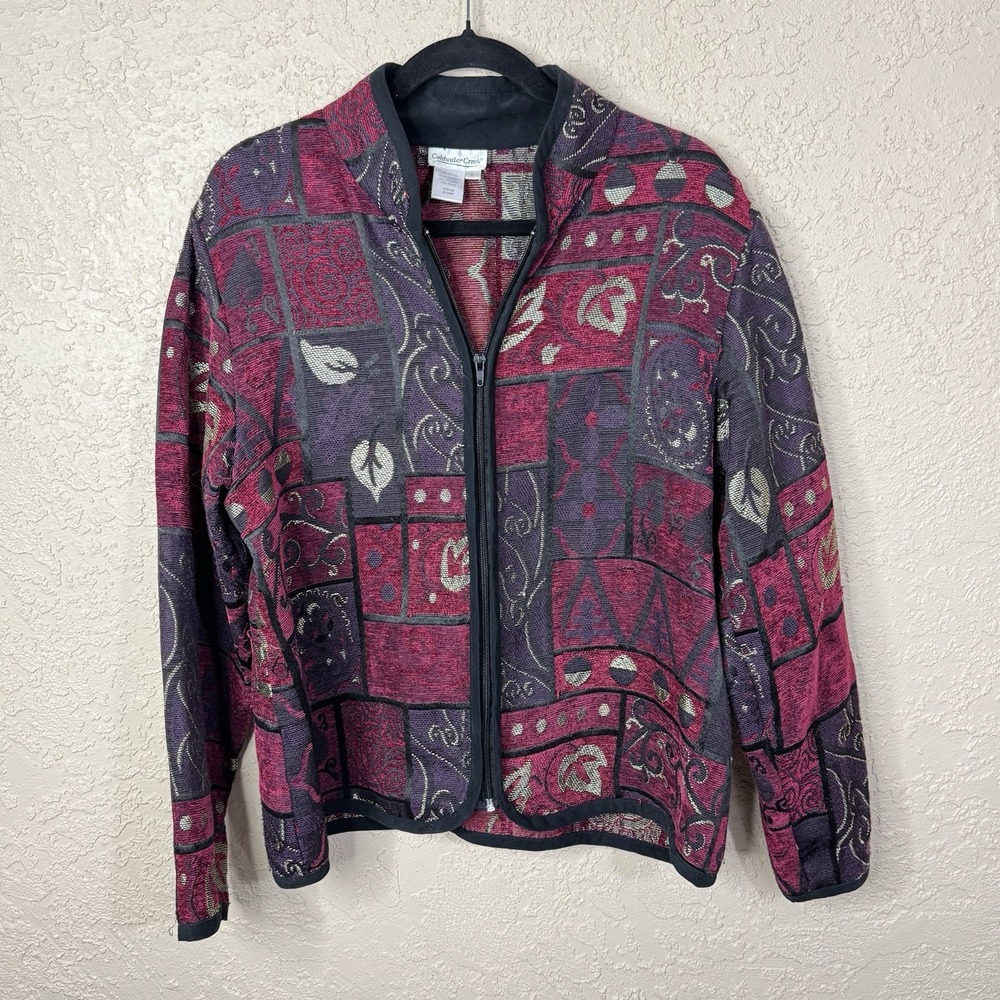 Coldwater Creek Womens Patchwork Tapestry Jacket Size L Burgundy Leaf Print Zip